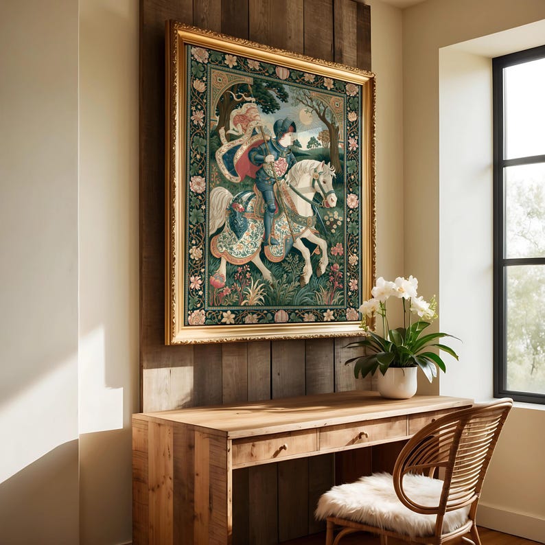 May include: A framed tapestry depicts a person on horseback in a forest scene. The artwork features a gold frame and is mounted on a wooden wall. The tapestry showcases a detailed illustration with vibrant colors and floral accents, creating a classic aesthetic.
