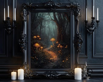 Dark Enchanted Forest Poster: Magic Woodland Illustration, Fantasy Nature Wall Art