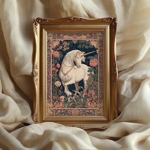 May include: A framed tapestry featuring a white unicorn with a golden horn and mane, set against a floral background with pink and green accents. The frame is gold with ornate detailing, creating a vintage aesthetic.