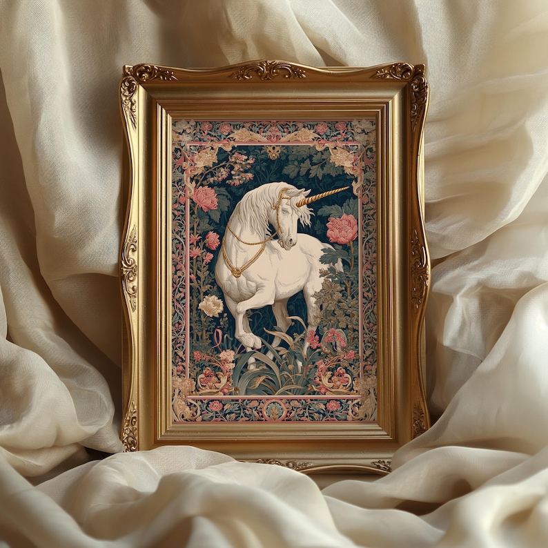 May include: A framed tapestry featuring a white unicorn with a golden horn and mane, set against a floral background with pink and green accents. The frame is gold with ornate detailing, creating a vintage aesthetic.