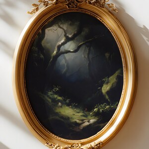 May include: An oval-shaped, gold-colored framed painting depicting a dark forest scene. The artwork features a detailed landscape with trees, foliage, and a path, all within an ornate, decorative frame.