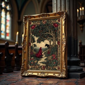 May include: A framed tapestry with a gold ornate frame. The tapestry depicts a forest scene with a figure in a red cloak walking a path. A black horse stands near a large tree. The artwork is rich in detail and color.