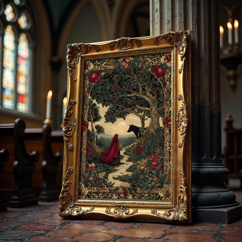 May include: A framed tapestry with a gold ornate frame. The tapestry depicts a forest scene with a figure in a red cloak walking a path. A black horse stands near a large tree. The artwork is rich in detail and color.