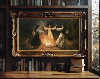 Three Witches Dancing Poster: Vintage Halloween decor