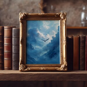 May include: An art print depicting a dragon in flight against a backdrop of a cloudy, blue sky, framed in an elaborate gold-coloured frame. The framed picture is displayed on a wooden shelf alongside a collection of antique books.