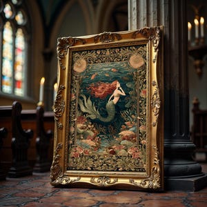 May include: A framed artwork featuring a mermaid with flowing red hair, a green tail, and a seashell top. The artwork is set against an underwater scene with coral and fish. The ornate gold frame adds a touch of elegance.