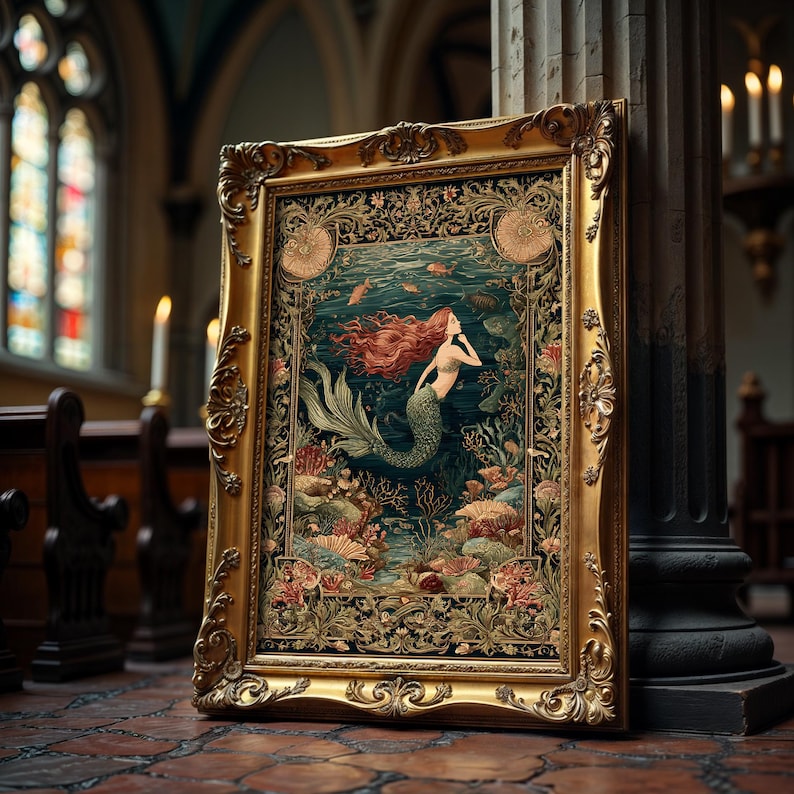 May include: A framed artwork featuring a mermaid with flowing red hair, a green tail, and a seashell top. The artwork is set against an underwater scene with coral and fish. The ornate gold frame adds a touch of elegance.