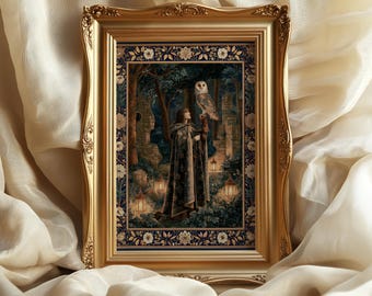 Wizard with Barn Owl Tapestry art print: Forest Medieval Fantasy Decor