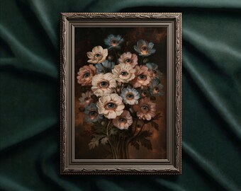 May include: A rectangular framed wall art piece featuring a dark, moody oil painting of a bouquet of flowers. Each individual flower blossom contains a realistic human eye at its center, rendered in shades of white, pink, and blue.