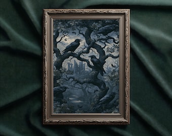 Spooky Gothic Forest art print: Raven and castle ruins wall decor