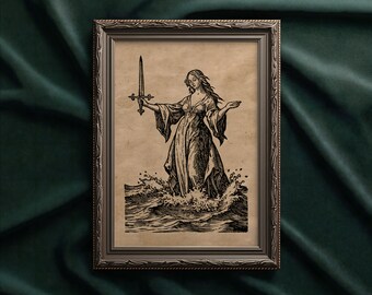 Lady of the Lake engraving art print: Arthurian Legend Woodcut decor