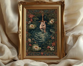 Lady of the Lake: King Arthur Excalibur Poster, Medieval tapestry print