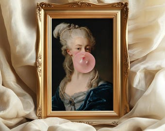 May include: A framed portrait of a person with an elaborate white wig adorned with pearls, wearing a blue velvet garment and a pearl necklace, blowing a large pink bubblegum bubble. The artwork is encased in an ornate gold frame.
