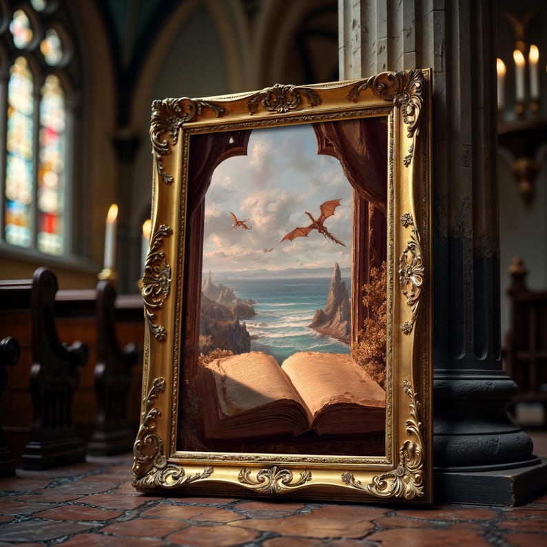 May include: A framed painting with a gold ornate frame depicting a fantasy scene. The artwork shows dragons flying over a coastal landscape with an open book in the foreground. The painting is leaning against a dark column in a church.