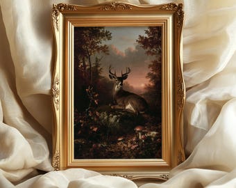 May include: A rectangular gold-toned ornate frame containing a painting of a deer resting on a rock in a forest setting. The scene features trees, foliage, and mushrooms under a sunset sky. The frame has intricate carved detailing.