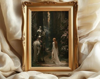 May include: A rectangular gold-toned ornate frame containing a print of a knight in silver armor mounted on a white horse, facing a person with long red hair wearing a flowing white gown on a forest path with pink flowers.