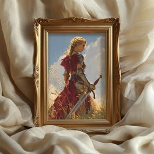 Female knight art print, medieval fantasy poster, woman with sword, warrior wall art, paladin decor, strong female gift, epic fantasy