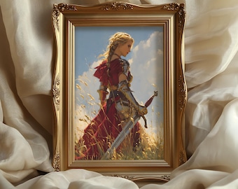 Poster di cavaliere donna: arte fantasy medievale, donna con spada, decorazione murale guerriera