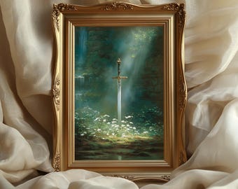 Excalibur sword painting, medieval decor, enchanted forest print, King arthur poster