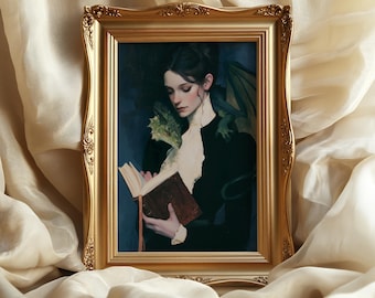 Victorian Gothic Woman with dragon art print: Reading Book Wall decor