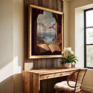 May include: A framed painting with a gold frame depicts a fantasy scene with dragons flying over a coastal landscape. The painting is mounted on a wooden wall above a wooden desk with a wicker chair and a white orchid plant.