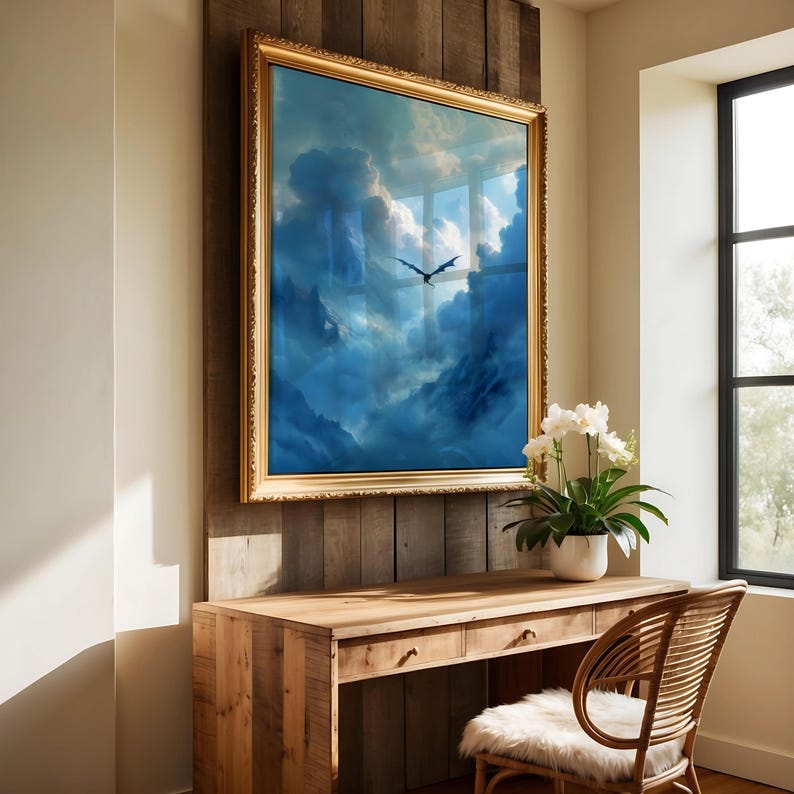 May include: A framed artwork with a gold-coloured ornate frame. The artwork depicts a dragon soaring through a cloudy, blue sky. The artwork is mounted on a wooden wall above a wooden desk and chair.