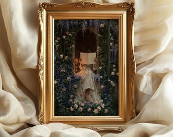 May include: A rectangular gold-toned ornate frame containing a print of a person sitting in a stone archway covered in blue and white flowers, reading an open book. The frame features intricate embossed detailing along its edges.