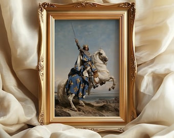 May include: A framed print featuring a painting of a monarch in a blue cloak with gold fleur-de-lis patterns, riding a white horse and holding a sword aloft. The artwork is encased in an ornate, polished gold-colored rectangular frame.