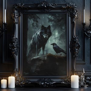 May include: A black wolf stands on a rock in a dark forest, looking at a black raven perched on a branch. The image is framed in a black ornate frame.