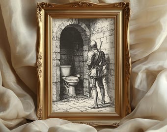 Knight on toilet art print : vintage engraving, funny wall decor