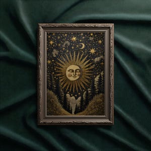 May include: Framed celestial art print featuring a smiling sun with radiant rays, surrounded by stars, a crescent moon, and trees. The artwork has a vintage aesthetic with a dark, starry background and is encased in a decorative brown frame.