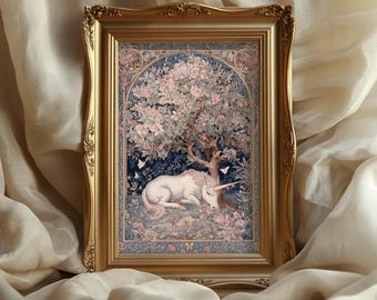 Impression d'art licorne : chambre de bébé conte de fées floral