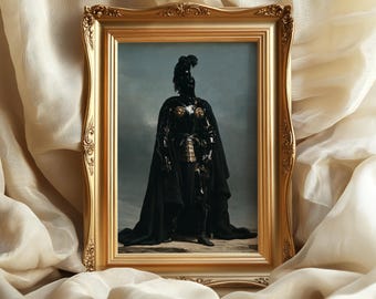 May include: A rectangular gold-toned ornate frame containing a portrait of a figure in polished black armor and a long black cape. The figure wears a plumed helmet and stands against a muted, cloudy sky background within the framed artwork.