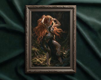 May include: A framed wall art print featuring a figure with long flowing red hair standing in a dark forest, draped in a large dark snake that coils around the body. The frame is ornate and metallic brown, surrounding the detailed illustration.
