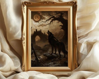 May include: A rectangular gold-toned ornate frame containing a dark-toned print of a wolf howling at a full moon. The scene depicts a desolate landscape with a stone archway, a gnarled tree, and a rocky foreground under a cloudy night sky.