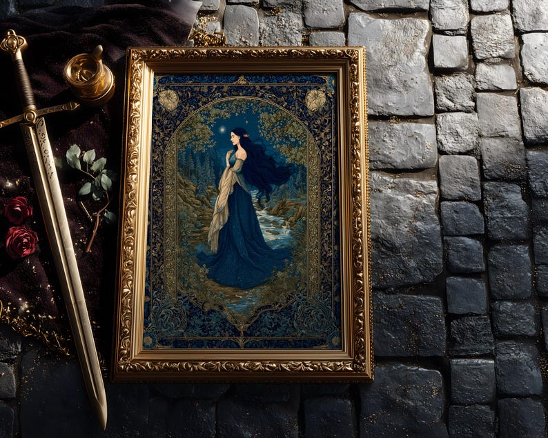 May include: A framed artwork with a gold ornate frame. The artwork depicts a woman in a blue dress standing near a stream in a forest. A sword, a decorative container, and roses are next to the frame. The background is a dark stone surface.