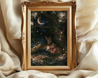 May include: A rectangular gold-toned ornate frame containing a dark-toned painting of a person sleeping in a forest clearing with a deer. The scene features a crescent moon, glowing stars, and white flowers under a canopy of dark trees.