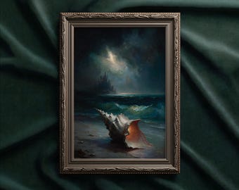 Moody Conch Shell Beach art print: Stormy Ocean Wall decor