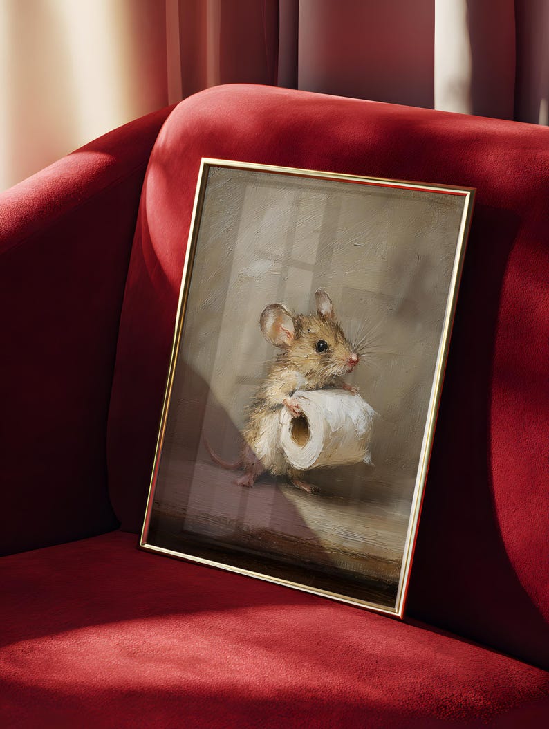 May include: A framed rectangular wall art print featuring an oil painting of a small brown mouse holding a white roll of toilet paper. The mouse has large ears, whiskers, and a light-colored belly. The artwork is encased in a thin gold metal frame.