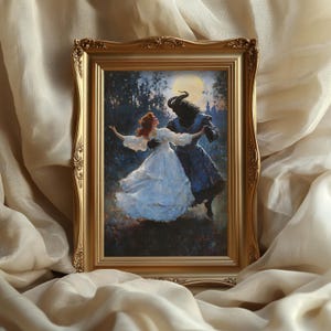 Dipinto La bella e la bestia, libro di fiabe, arte fiabesca gotica, stampa fantasy romantica, danza incantata oscura, stampa di Sorolla