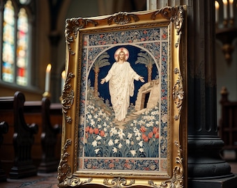 May include: A framed religious tapestry featuring a figure in white robes with a halo, standing in a garden with flowers and palm trees. The tapestry is set in an ornate gold frame, leaning against a dark column in a church.