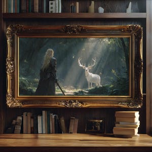 Lady Knight White Stag print: Medieval Fantasy decor