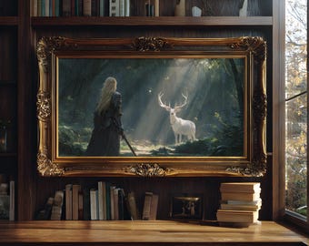 Lady Knight White Stag print: Medieval Fantasy decor