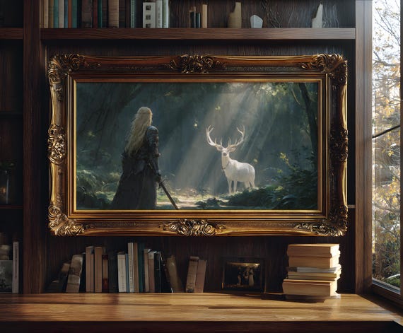 Lady Knight White Stag print: Medieval Fantasy decor