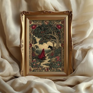 May include: A framed tapestry with a gold ornate frame. The tapestry depicts a scene with a figure in a red cloak walking on a path towards a black wolf under a tree. The artwork has a vintage aesthetic.