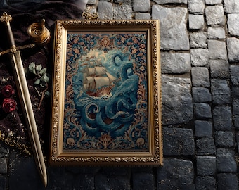 Kraken Ship Art Print: Vintage Maritime Illustration