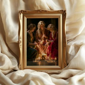 May include: A rectangular gold-toned ornate frame containing a painting of three figures with long hair in dark, red, and green robes gathered around a glowing golden bowl, manipulating luminous threads of light in a dimly lit, atmospheric setting.