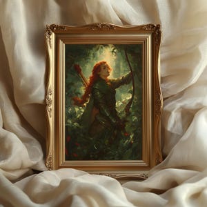May include: A framed painting depicting a woman with red hair standing in a forest. She is wearing armour and holding a bow and arrow. The painting is set against a green and brown background.