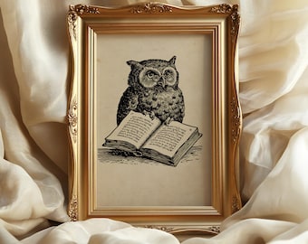 Wise Owl Reading Book art print: Medieval Woodcut Engraving