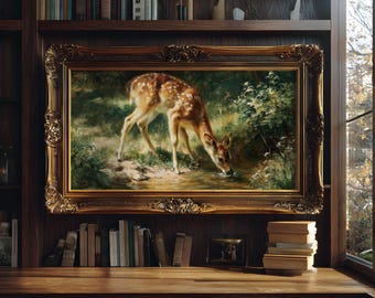 Deer Drinking from Stream art print: Cottagecore wall Decor